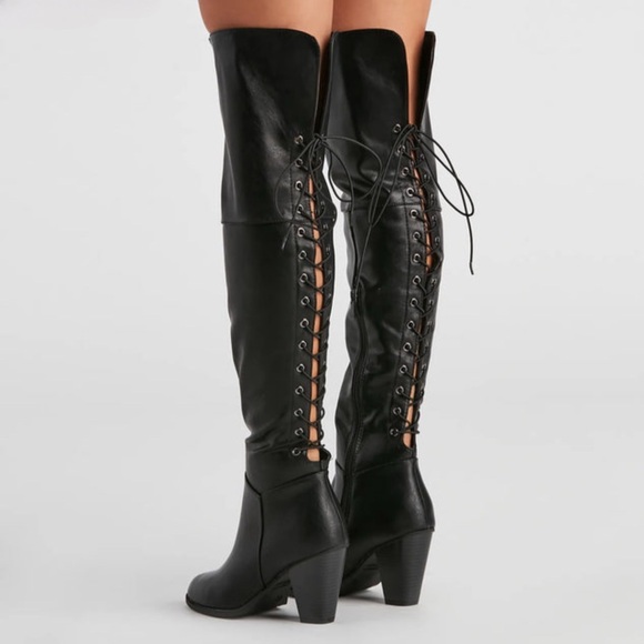 Black Block Heel Over The Knee Boots - Picture 1 of 4